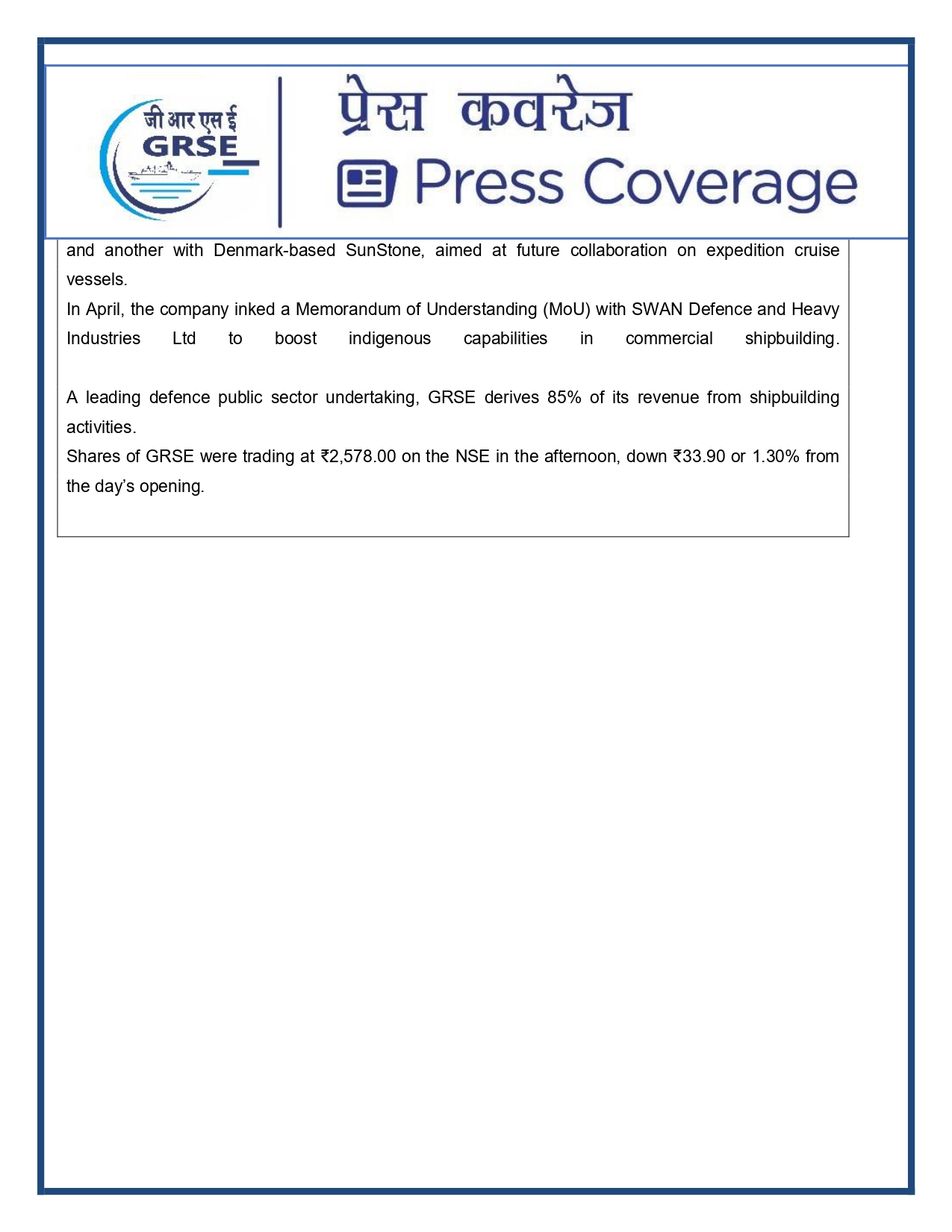 Press Coverage : 4 Aug 25:GRSE Signs MoU with Germany's Reintjes GmbH to Integrate High Quality Propulsion Gear Trains for Indian Navy Ships